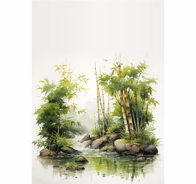 Toile fenêtre salle de bain bambous zen et fontaine à eau - TenStickers