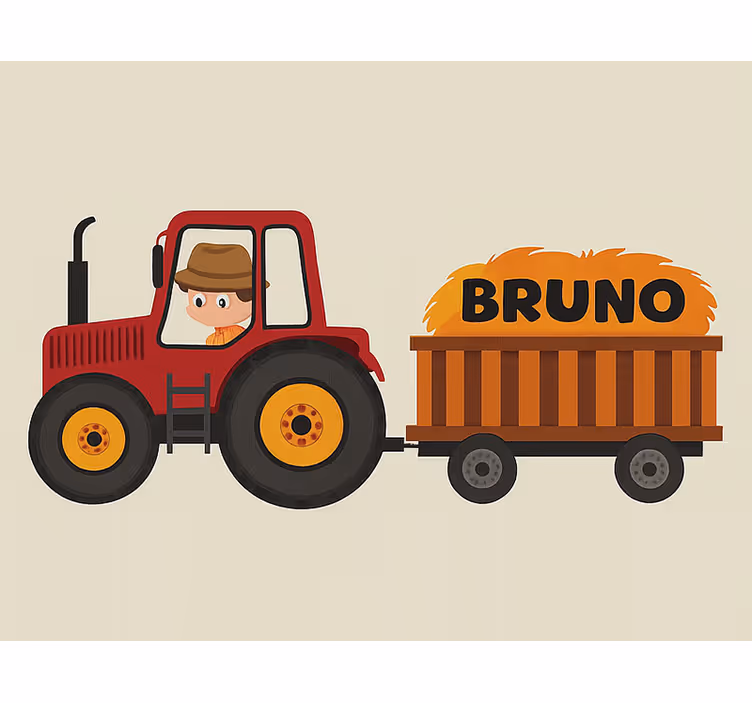 Toile fenêtre chambre enfant conception de tracteur avec nom - TenStickers