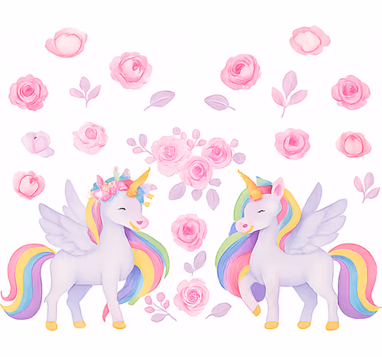 Toile fenêtre chambre enfant licorne rose et fleurs - TenStickers