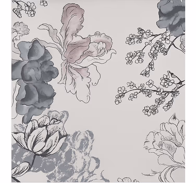 Toile fenêtre salon fleurs à l'aquarelle en niveaux de gris - TenStickers
