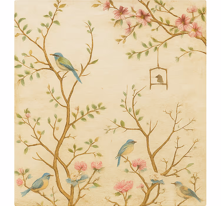 Toile fenêtre chambre enfant oiseaux fleurs branches - TenStickers