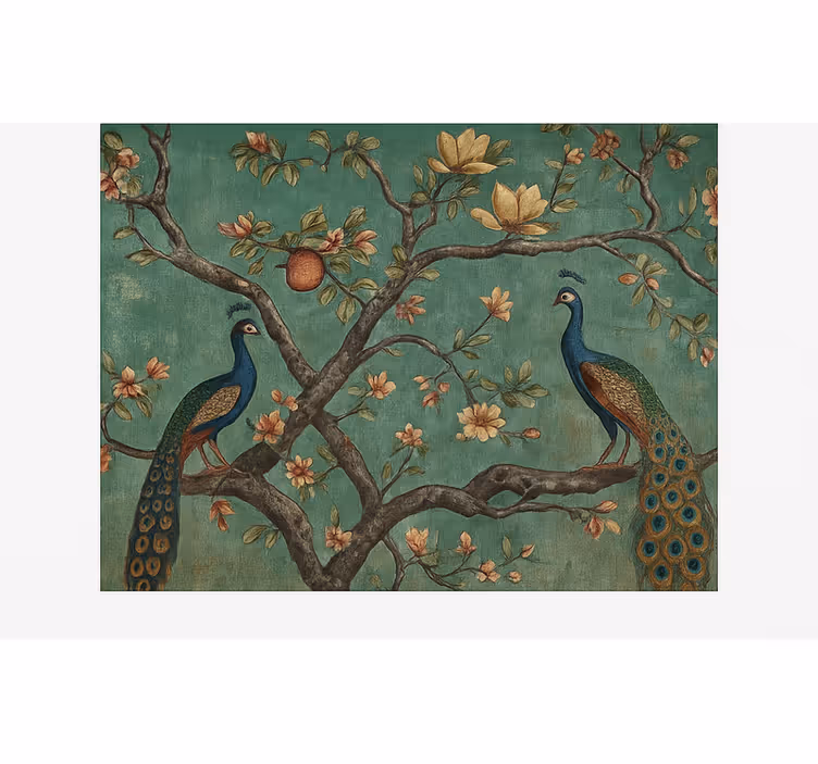 Toile fenêtre salon tapisserie de paon ornée - TenStickers