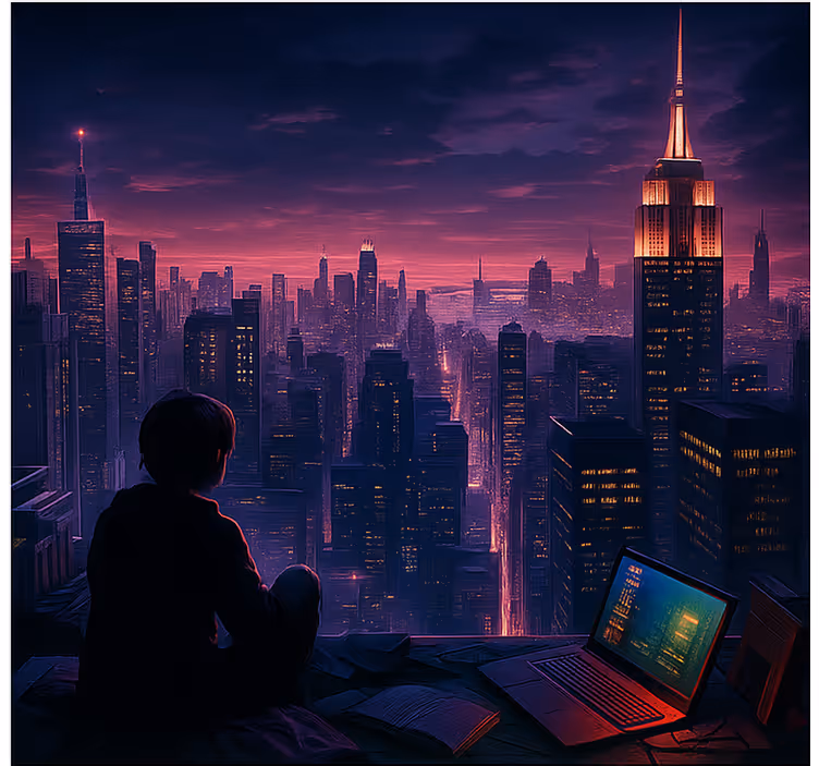 Toile fenêtre geek vue de jeu de gratte-ciel futuriste - TenStickers