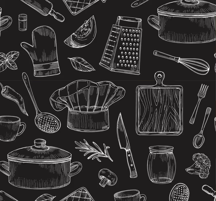 Toile fenêtre cuisine croquis d'ustensiles de cuisine - TenStickers