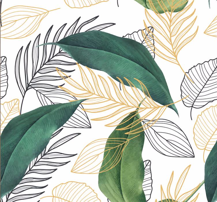 Toile fenêtre cuisine feuilles vertes et dorées avec dessins - TenStickers
