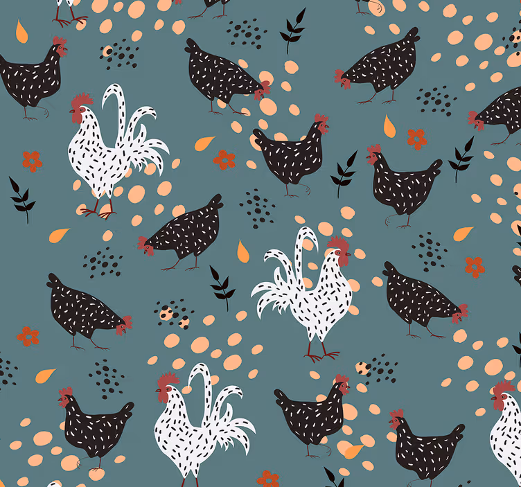 Toile fenêtre cuisine poules noires et blanches fleurs - TenStickers