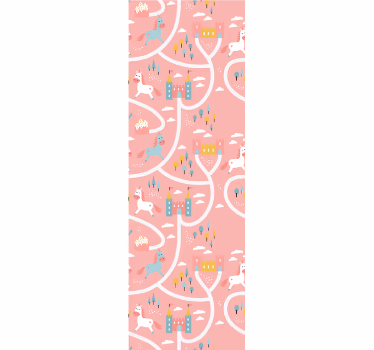 Toile fenêtre chambre enfant licornes et châteaux roses - TenStickers
