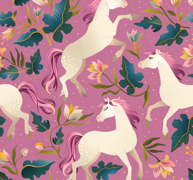 Toile fenêtre chambre enfant design floral cheval rose - TenStickers