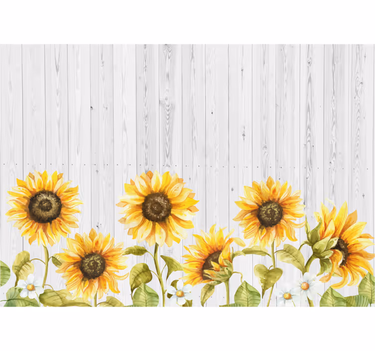 Toile fenêtre cuisine tournesols sur planches grises - TenStickers