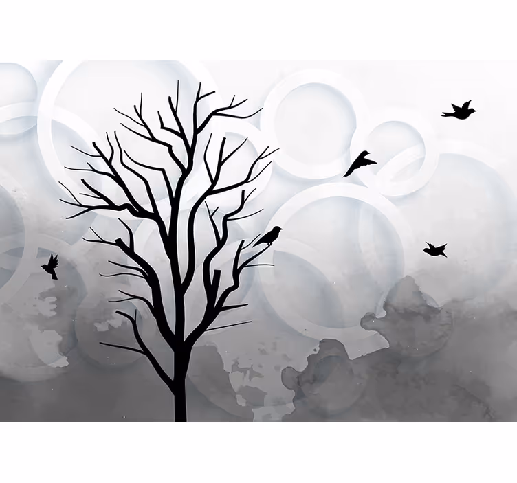 Toile fenêtre cuisine arbre noir artistique avec oiseaux - TenStickers