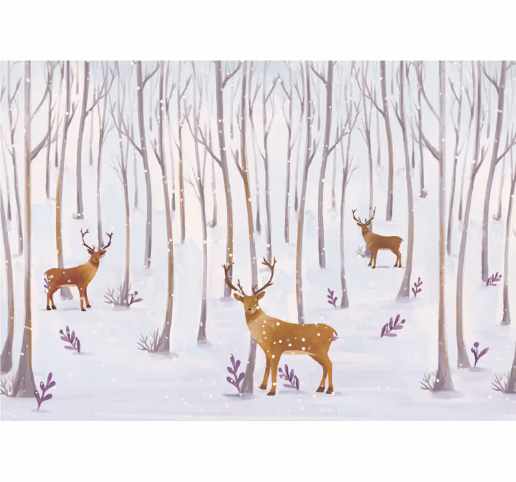 Toile blanche fenêtre forêt d'hiver scandinave animaux - TenStickers