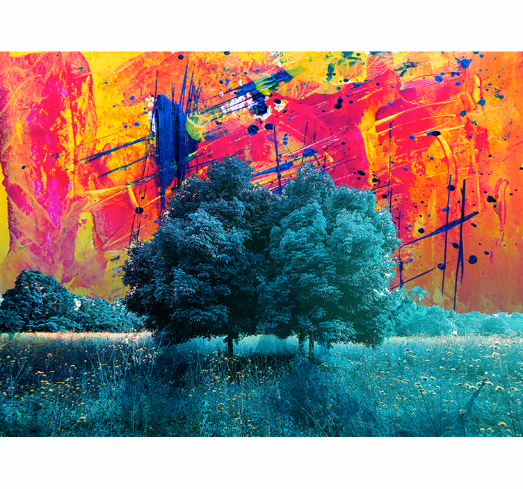 Toile fenêtre salon paysage coloré avec arbres - TenStickers