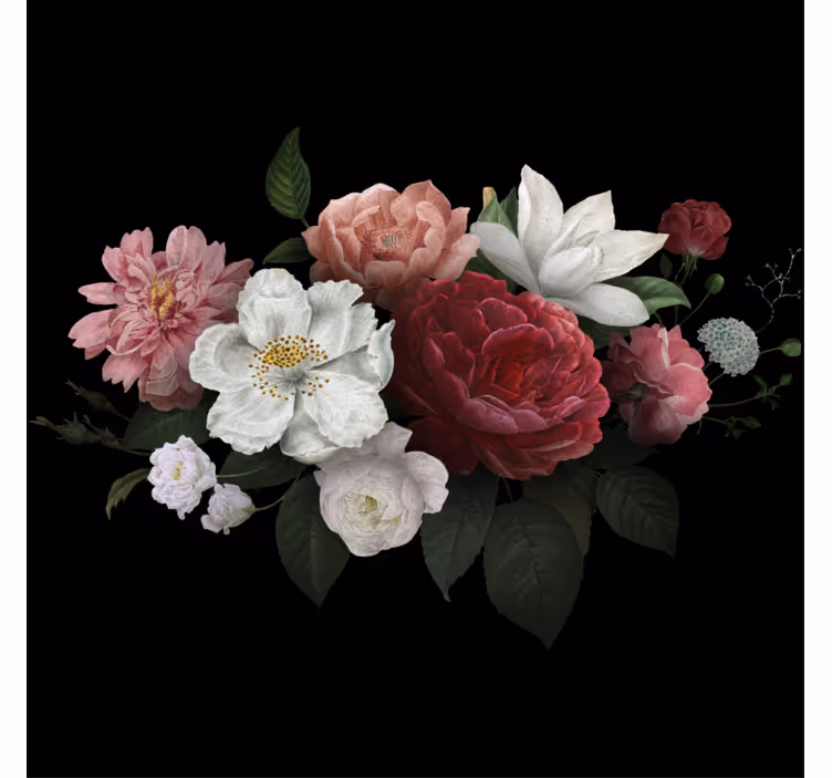Toile fenêtre salon roses vintage sur fond noir - TenStickers