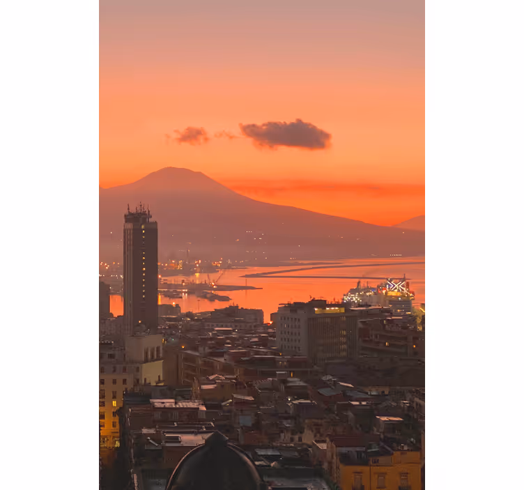 Toile fenêtre salon naples au coucher du soleil - TenStickers