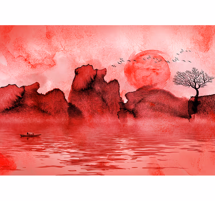 Toile fenêtre rouge paysage à l'encre chinoise - TenStickers