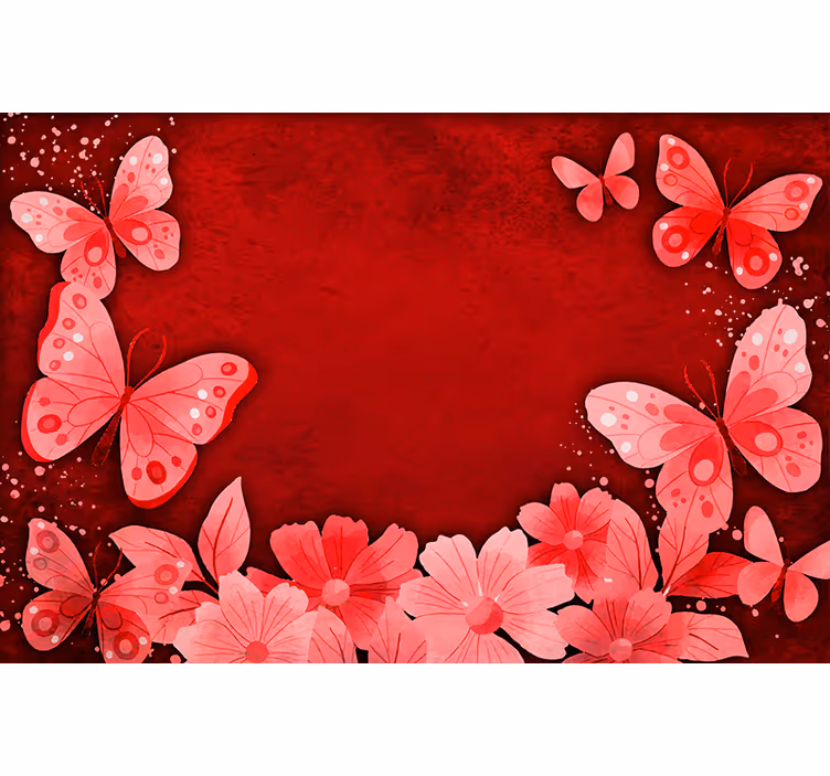 Toile fenêtre rouge design fleurs et papillons - TenStickers