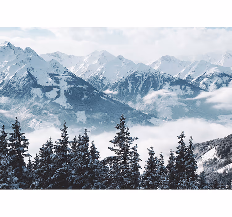 Toile fenêtre salon montagnes et arbres enneigés - TenStickers