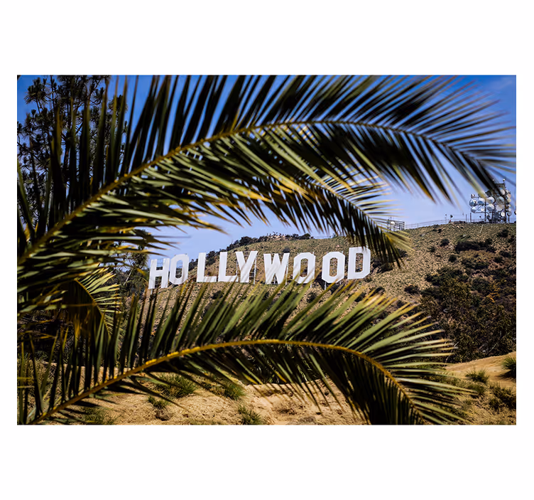 Toile fenêtre salon enseigne d'hollywood et arbre - TenStickers