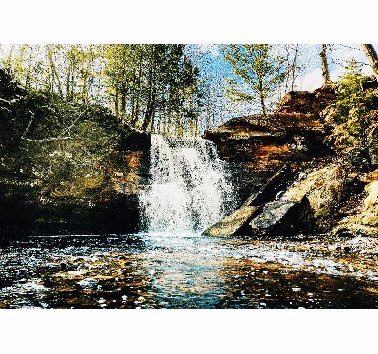 Toile fenêtre salon cascade forêt paysage - TenStickers