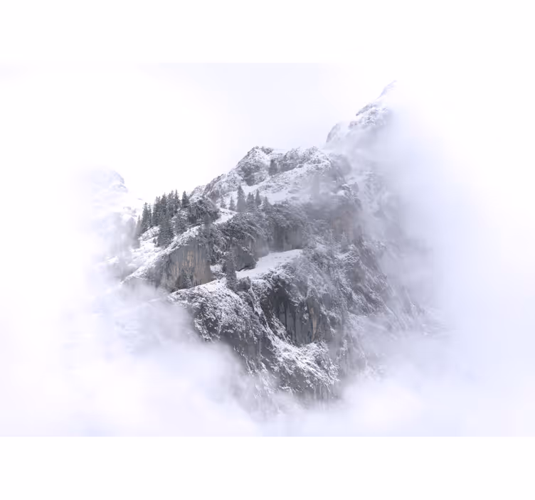 Toile fenêtre salon paysage montagneux enneigé avec nuages - TenStickers