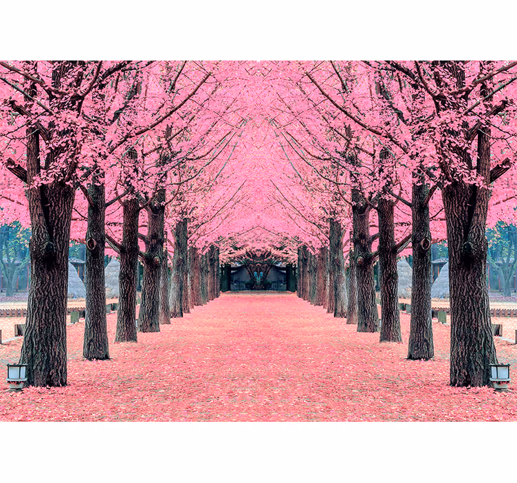 Toile fenêtre salon arbres roses nami island - TenStickers