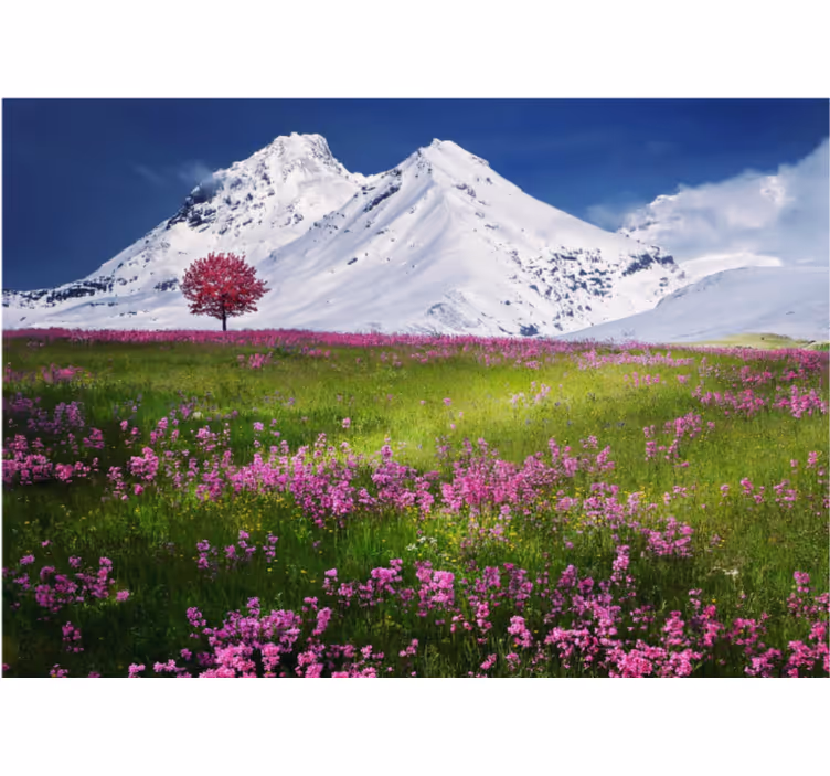 Toile fenêtre salon paysage de fleurs en montagne - TenStickers