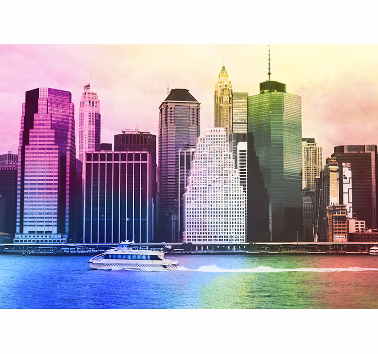 Toile fenêtre salon gratte-ciels colorés de manhattan - TenStickers