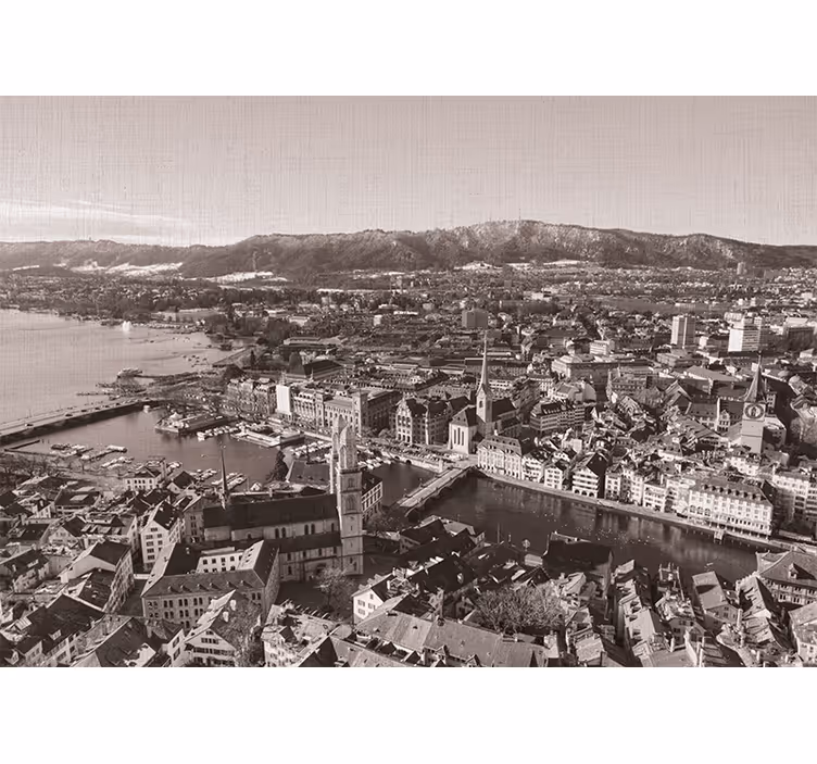 Toile fenêtre salon zürich avec montagnes en arrière-plan - TenStickers