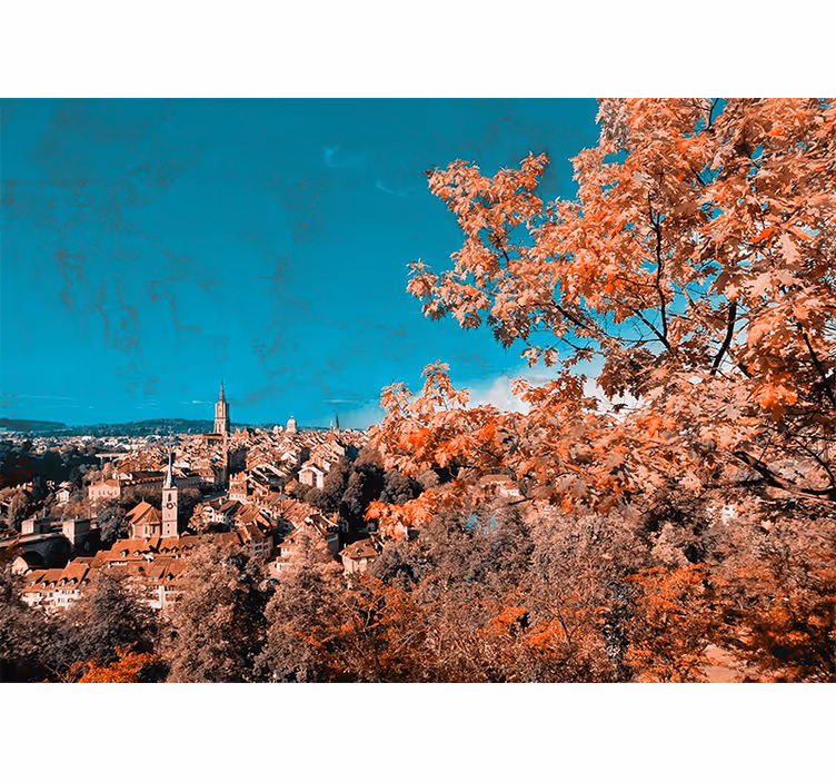 Toile fenêtre salon arbres aux feuilles d'automne orange - TenStickers