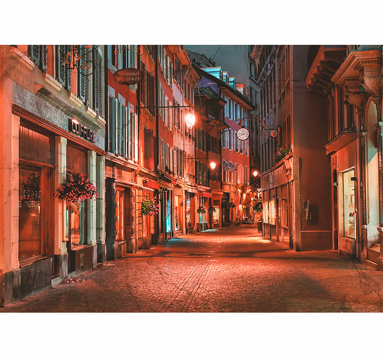 Toile fenêtre salon ville solitaire la nuit en suisse - TenStickers