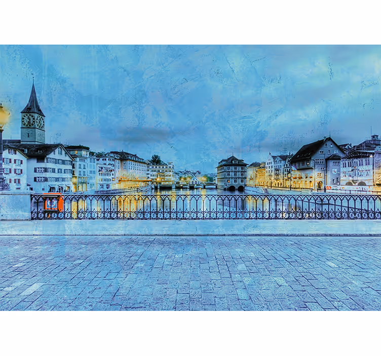 Toile fenêtre salon nuit froide sur un pont à zürich - TenStickers