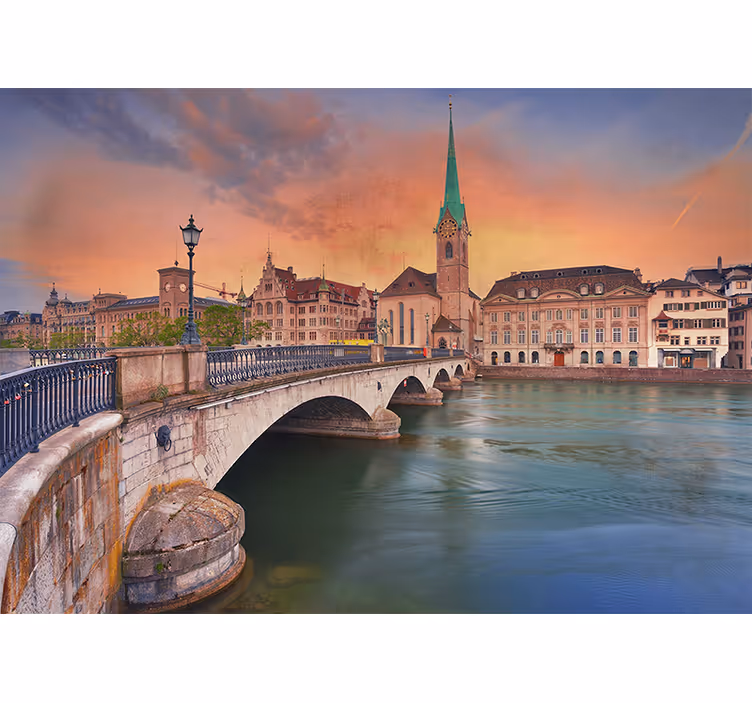 Toile fenêtre salon pont au bord du lac à zürich - TenStickers