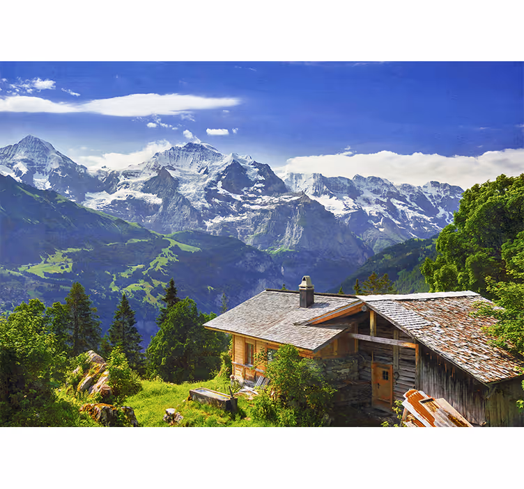 Toile fenêtre salon montagnes enneigées et champ vert - TenStickers