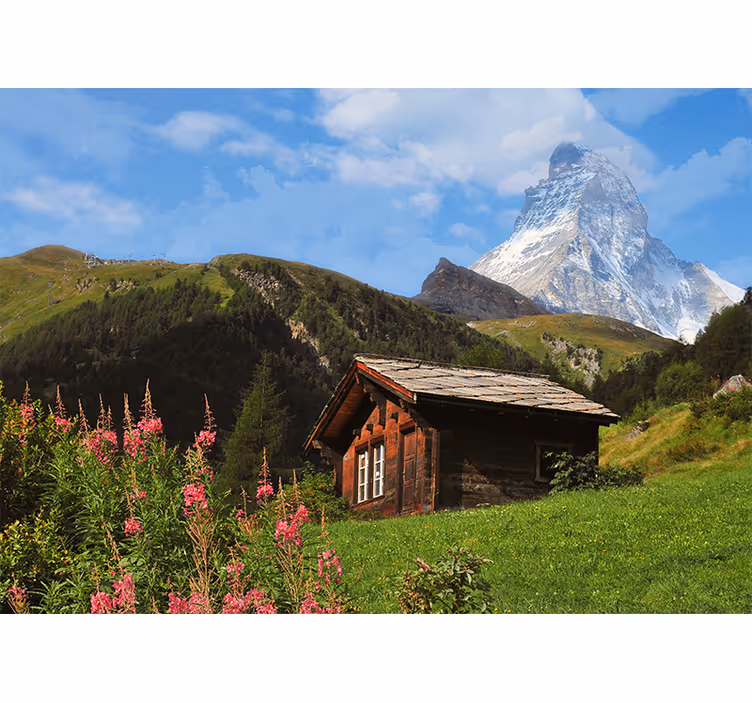 Toile fenêtre salon champ vert avec cabanon et montagne - TenStickers
