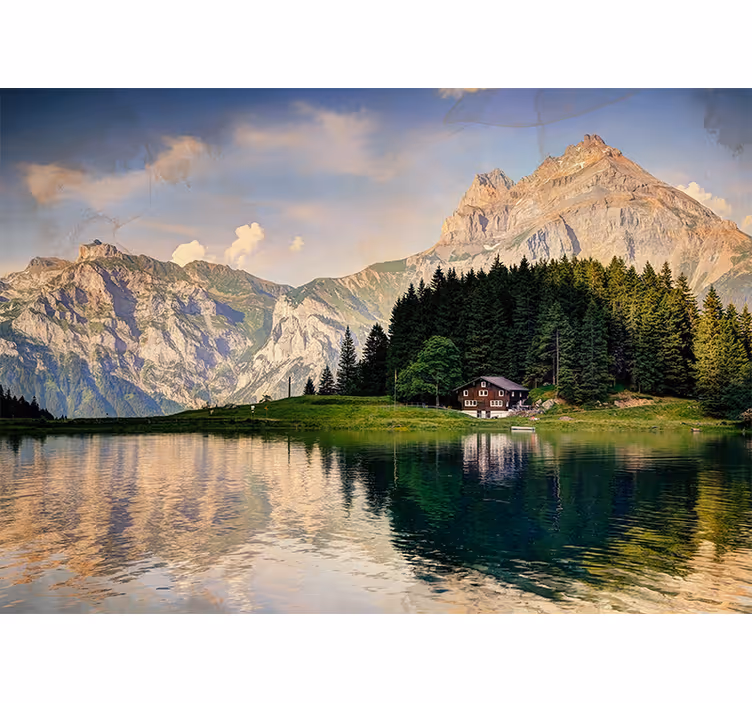 Toile fenêtre salon maison au bord du lac avec montagnes - TenStickers