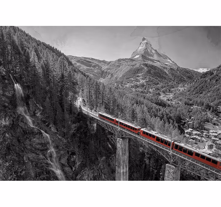 Toile fenêtre salon train rouge sur un pont avec le cervin - TenStickers