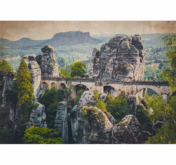 Toile fenêtre salon pont en pierre dans les montagnes - TenStickers