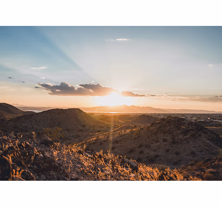 Toile fenêtre salon coucher de soleil dans le désert - TenStickers