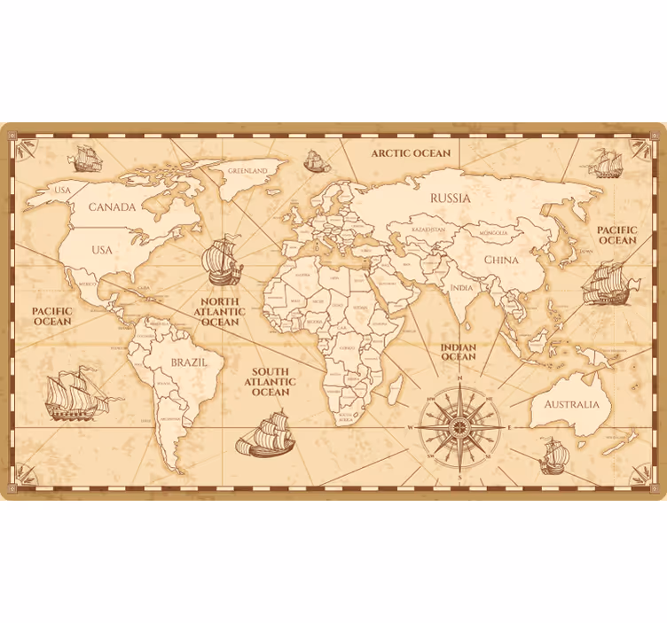 Toile fenêtre beige design carte du monde vintage - TenStickers