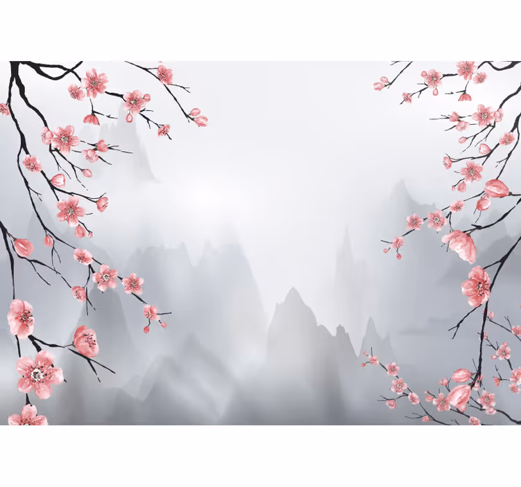 Toile fenêtre gris fleurs de cerisier et montagnes - TenStickers