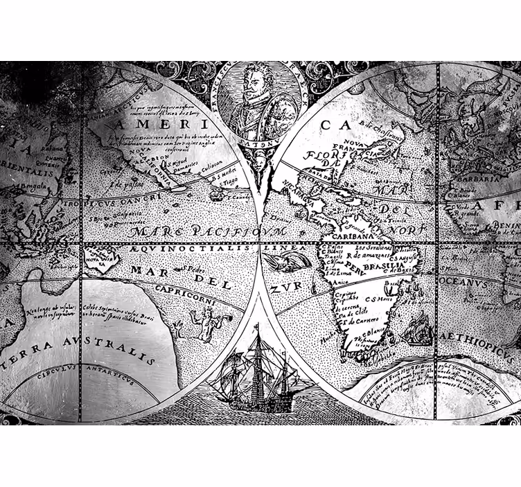Toile fenêtre gris carte du monde noir et blanc - TenStickers