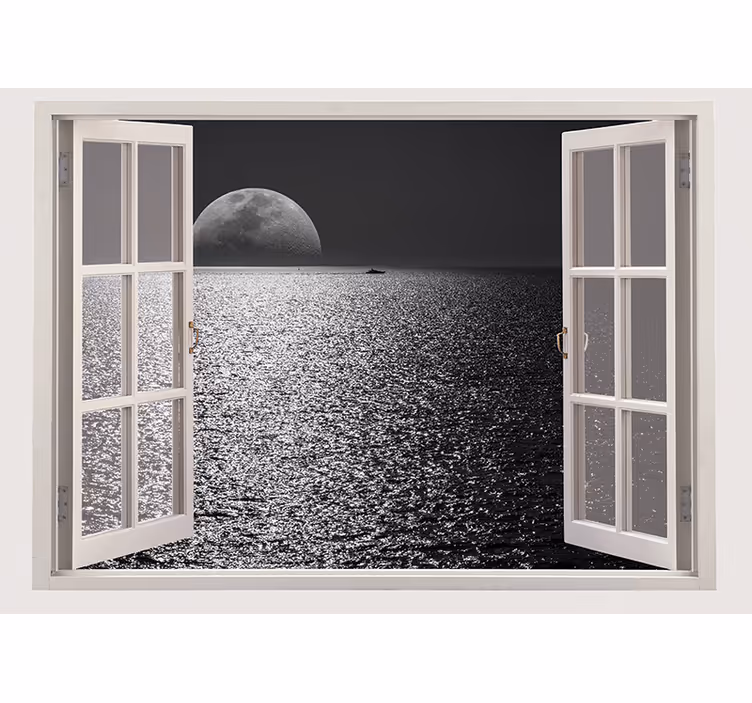 Toile fenêtre gris mer depuis la fenêtre blanche - TenStickers