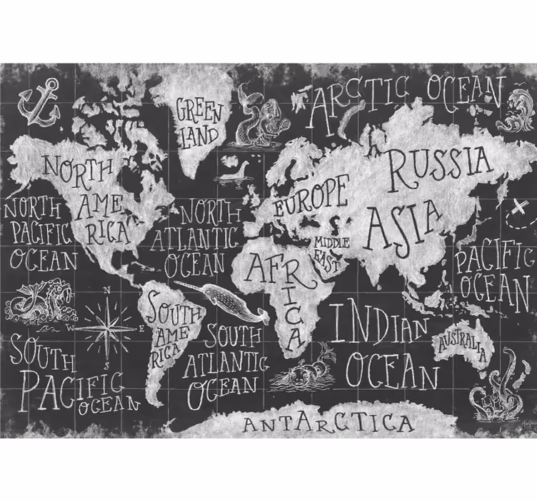 Toile fenêtre gris carte du monde mythique - TenStickers