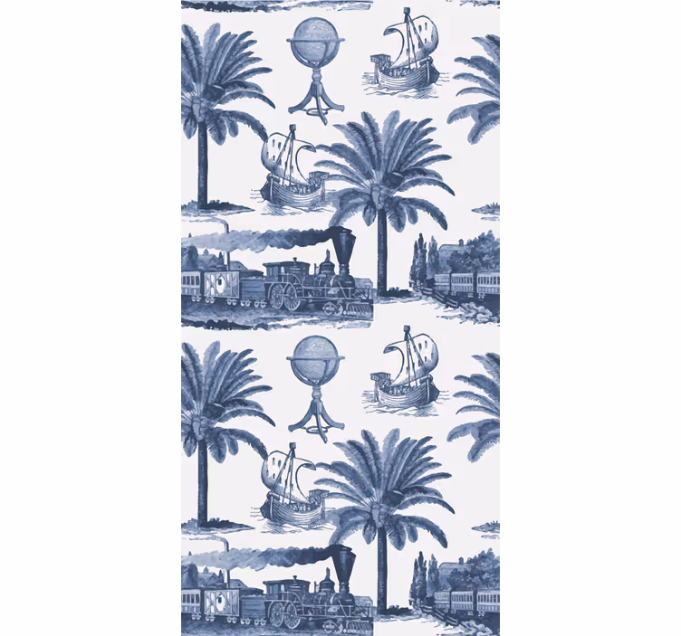 Toile fenêtre vintage palmiers et trains bleus - TenStickers