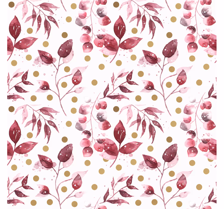 Toile fenêtre salon feuilles bordeaux avec pois dorés - TenStickers