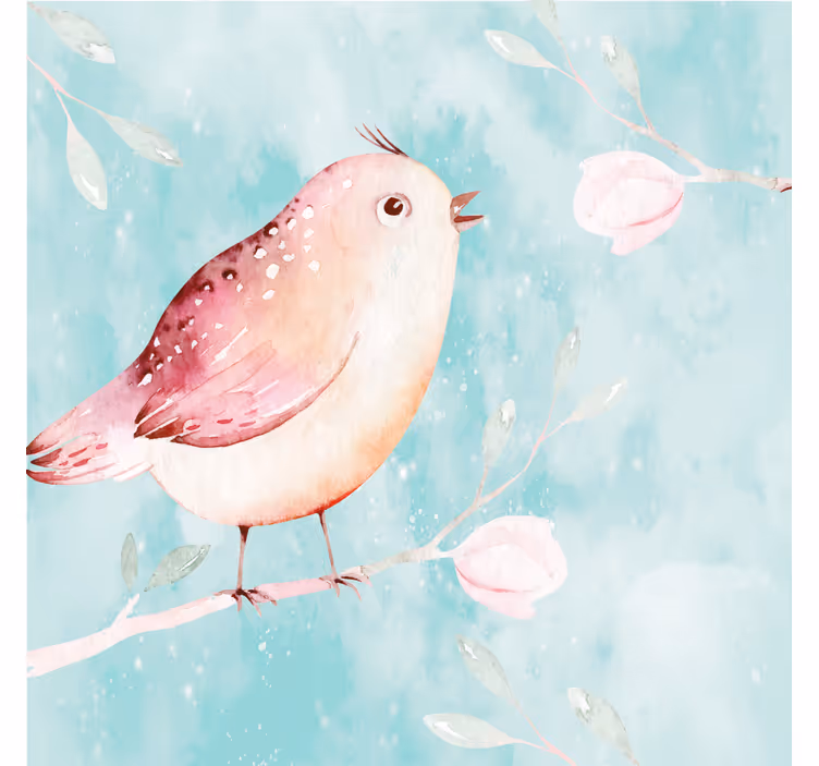 Toile fenêtre salon oiseau peint avec fleurs blanches - TenStickers