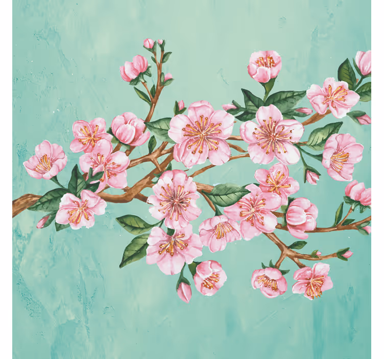 Toile fenêtre salon branche d'arbre artistique fleurs roses - TenStickers