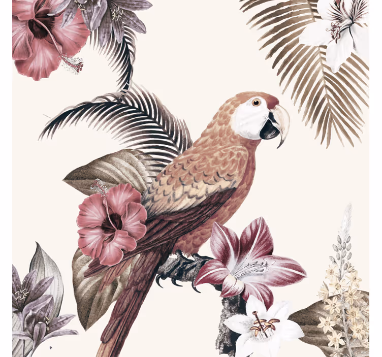 Toile fenêtre salon perroquet coloré et fleurs roses - TenStickers