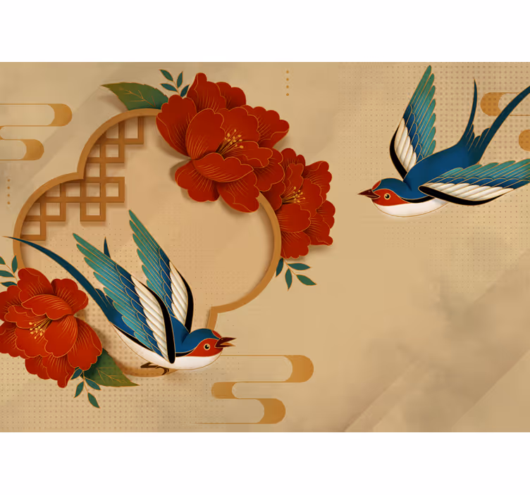 Toile fenêtre beige oiseaux et fleurs 3d - TenStickers