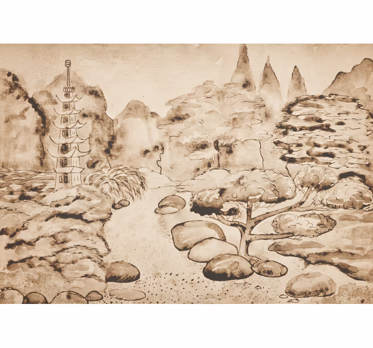 Toile fenêtre beige jardin japonais style japandi - TenStickers